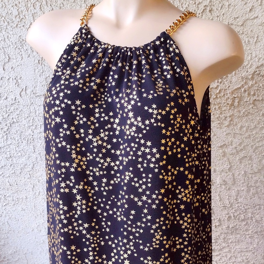 Micheal Kors Black & Gold Metallic Star Print Shift Dress w/ Gold Chain Neck / M